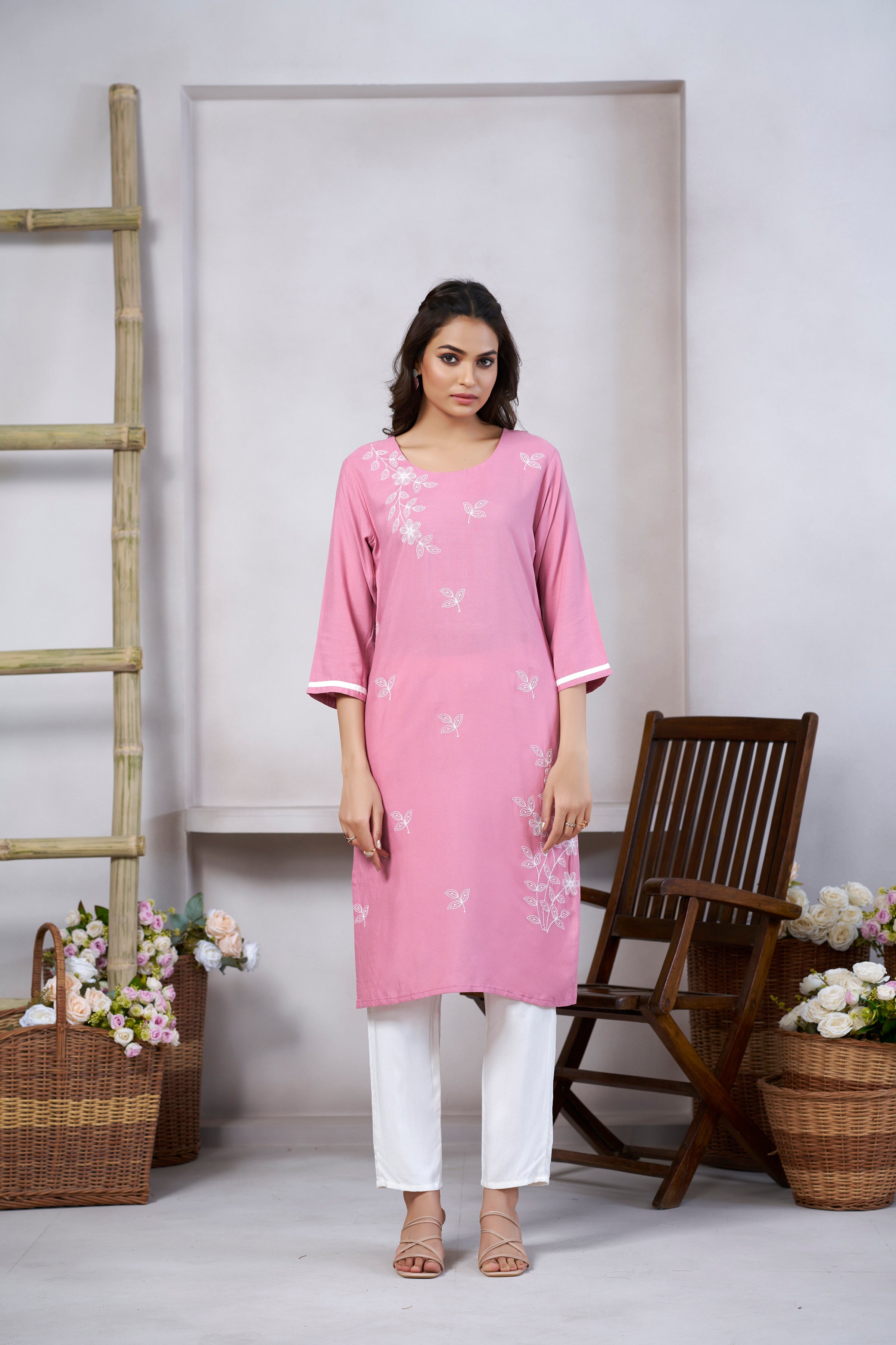 Light Pink Viscose Rayon Kurti with Thread Work and 3/4 Sleeves with Stylish Neckline